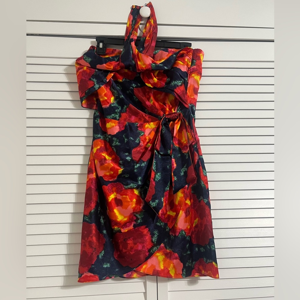 Cinq A Sept Dresses Trini Satin Floral Halter Neck Mini Wrap Dress New with Tags